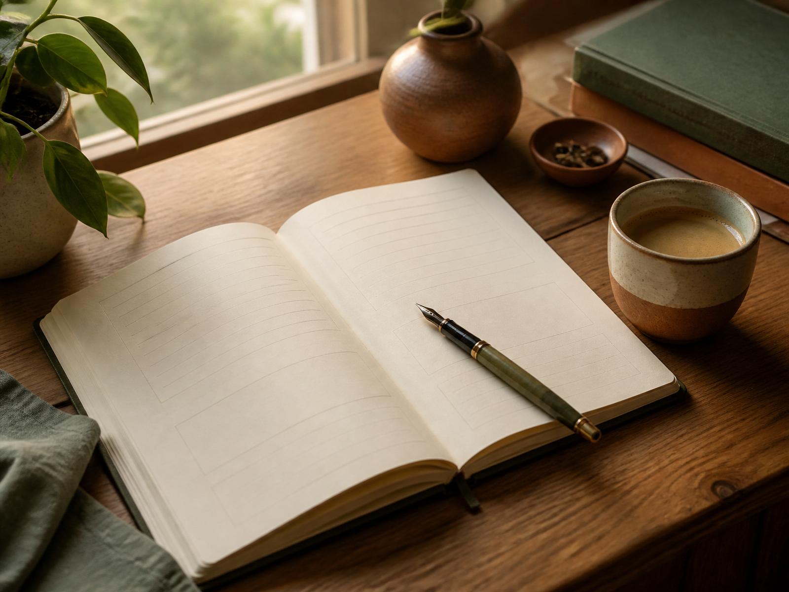 Open workbook with a fountain pen on a warm wooden desk in morning light